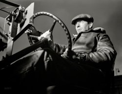 December 1941. White Motor Company, Cleveland. "The chassis of an Army halftrack scout car get a workout. When this test driver at a large Midwest plant has put the machine through its paces, he'll know if it meets the exacting specifications of the Army." 4x5 negative by Alfred Palmer. View full size.