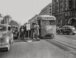 September 1937. Washington, D.C. "Capital Transit Locomotive 1135 on Pennsylvania Avenue at Post Office Department. Wheel arrangement: PCC." 4x5 glass negative by C.W. Witbeck from the Louis A. Marre Rail Transportation Photograph Collection. View full size.