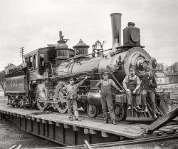 Circa 1900. "Chicago & North-Western Railway locomotive CNW 605 on turntable." 4x5 glass negative from the Louis A. Marre Rail Transportation Photograph Collection.  View full size.
