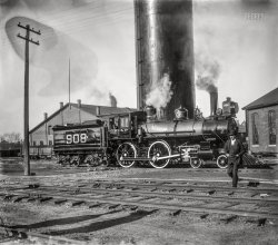 Circa 1896. Horton, Kansas. "Chicago Rock Island & Pacific Railroad -- Locomotive CRIP 908." 4x5 inch glass negative by the Swiss-born optometrist/railfan Jules Bourquin. Louis A. Marre Rail Transportation Photograph Collection. View full size.