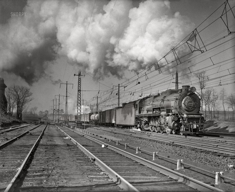 P.R.R.: 1935 "Philadelphia area circa 1935. Pennsylvania Railroad Locomotive PRR 6757." Glass negative by John S. Powell, Louis A. Marre Rail Transportation Photograph Collection. View full size.