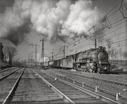 "Philadelphia area circa 1935. Pennsylvania Railroad Locomotive PRR 6757." Glass negative by John S. Powell, Louis A. Marre Rail Transportation Photograph Collection. View full size.