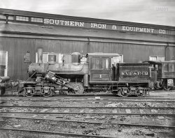 April 12, 1912. Atlanta, Georgia. "Southern Iron & Equipment Co. -- Locomotive SIECO 807. (West Virginia Pulp and Paper Company Locomotive 1; Dobbins, West Virginia. Climax Loco #534, 1904)." 8x10 glass negative, Marre Rail Transportation Photo Collection. View full size.
&nbsp; &nbsp; &nbsp; &nbsp; The Southern Iron & Equipment Company of Atlanta was a major reconditioner of locomotives circa 1900-1960, refurbishing them for resale. The company also did repair and reconditioning work on behalf of various railroads.