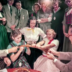 September 1953. "Teenagers at a party hosted by Teenage Cookbook author Betty Betz. Includes teenage girls pulling taffy as others watch." Ektachrome transparency by Charlotte Brooks for the Look magazine assignment "Teenage Party." View full size.