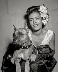 New York circa 1947. "Billie Holiday and her dog Mister at a 52nd Street jazz club." Medium format negative by William Gottlieb for Down Beat. View full size.