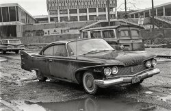 "1960 Plymouth Belvedere hardtop on Boston street, 1964." Along with a gull-winged 1959 Chevrolet wagon, latest specimens in the Shorpy Bestiary of Baroque Barouches. 35mm negative, photographer unknown. View full size.