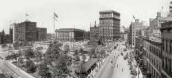Cleveland circa 1908. "The Public Square -- Soldiers' and Sailors' Monument. Panorama made from two 8x10 inch glass negatives. View full size.