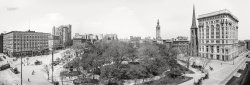 Manhattan circa 1901. "Madison Square, New York." Highlights of this panorama made from three 8x10 glass negatives include 23rd Street at left, the Fifth Avenue Hotel, Fifth Avenue/&#8203;Broadway, Madison Square Park, Stanford White's Madison Square Garden campanile, Madison Avenue Presbyterian Church and the Metropolitan Life building at the corner of Madison and 23rd Street (which appears to curve around the bottom of the image but is actually straight). Photos by William Henry Jackson, Detroit Photographic Co. View full size.