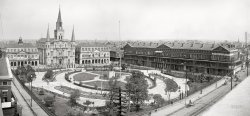 New Orleans circa 1903. "Jackson Square and St. Louis Cathedral." Panorama made from two 8x10 inch glass negatives. Detroit Photographic Company. View full size.
