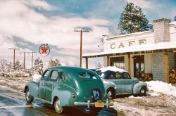 &nbsp; &nbsp; &nbsp; &nbsp; UPDATE: "Cafe Texaco" is the Tom's Place resort in Mono County, as pinpointed by Shorpy member Dennis Lorton. 
"California Sierras, 1950 -- 1939 Merc." This Kodachrome of a Mercury Eight sedan from the brand's first model year is the latest from meandering motor man Don Cox. View full size.