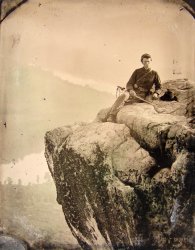 Circa 1863. "Union officer at Point Lookout, Tennessee, with cavalry saber." Quarter-plate tintype, hand-colored, by Royan and James Birney Linn, brothers from Ohio following the Army of the Cumberland. After the battles of Lookout Mountain and Missionary Ridge they set up a studio near Point Lookout. Liljenquist Family Collection, Library of Congress. View full size.