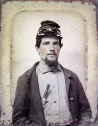 Ca. 1863. "Unidentified soldier in Union uniform with forage cap carrying a bone handle knife in breast pocket." Sixth-plate tintype, hand-colored. Liljenquist Family Collection of Civil War Photographs, Library of Congress. View full size.