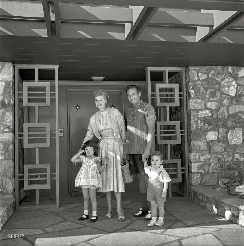Meet the Arnazes: 1954 1954. "Actress Lucille Ball and husband Desi Arnaz with children Desi Jr. and Lucie in front of their Palm Springs home." Photo by Maurice Terrell for the Look magazine assignment "Lucy Goes Shopping." View full size.