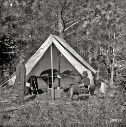 1862. "Yorktown, Virginia. Headquarters of Sarg. Gabriel. Dr. Grant & Chaplain Jones H. Dwight of French's Brigade. 66th New York Infantry -- 'Governor's Guards'." Wet collodion glass plate negative. View full size.