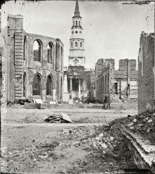 April 1865. Charleston, South Carolina. "St. Philip's Church with ruins of Circular Church and Secession Hall." Casualties of the Great Fire of 1861. Wet plate glass negative by George N. Barnard. View full size.