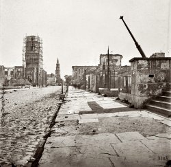 1865. "Charleston, South Carolina, after the bombardment. Meeting Street, looking south, showing St. Michael's Church, the Mills house and ruins of the Circular Church." View full size. Wet-collodion glass-plate stereograph.