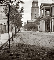 1865. "Charleston, South Carolina. Meeting Street, near Broad; St. Michael's Church in middle distance. Photograph of the Federal Navy, and seaborne expeditions against the Atlantic Coast of the Confederacy." View full size. Left half of a wet-collodion glass-plate stereograph. Juniper Gallery fine-art print.