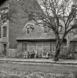 &nbsp; &nbsp; &nbsp; The Ege family dwelling, which had tangential connections to General Lafayette, George Washington and Edgar Allan Poe.
April 1865. Richmond, Virginia. "The Old Stone House -- so-called 'Washington's headquarters,' 1916 East Main Street." Wet plate glass negative. View full size.