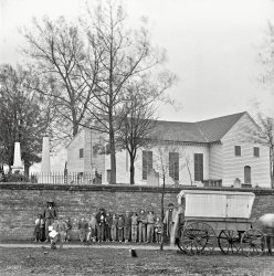 "St. John's Church and graveyard from street. Main eastern theater of war, fallen Richmond, April-June 1865." Wet plate glass negative. View full size.