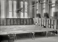 Washington, D.C., circa 1914. "National Museum. Flags -- huge American flag." The tattered flag that flew over Fort McHenry, immortalized by Francis Scott Key in "The Star-Spangled Banner." Guarded by that heroic squid from the rarely sung fifth stanza. Harris & Ewing Collection glass negative. View full size.