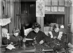 &nbsp; &nbsp; &nbsp; &nbsp; This just in from historian Joe Manning: An update on Yetta Finkelstein and her family.

January 1908. New York. "Mrs. Finkelstein, 127 Monroe Street. Bessie (age 13), Sophie (age 7). Girls attend school. Making garters for Liberty Garter works, 413 Broadway. Mother, a widow, earns 75 cents a day by working all day until 12 at night. Bessie works until 10 p.m., Sophie until 9. They expected to work until 10 p.m. to finish the job, although they did not know when more work would come in. Witness Mrs. Hosford." Glass negative by Lewis Wickes Hine. View full size.