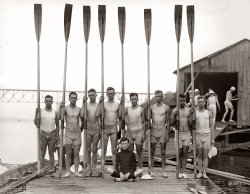 Summer 1914. "Penn varsity crew team in Poughkeepsie." Bain News Service glass negative. View full size.