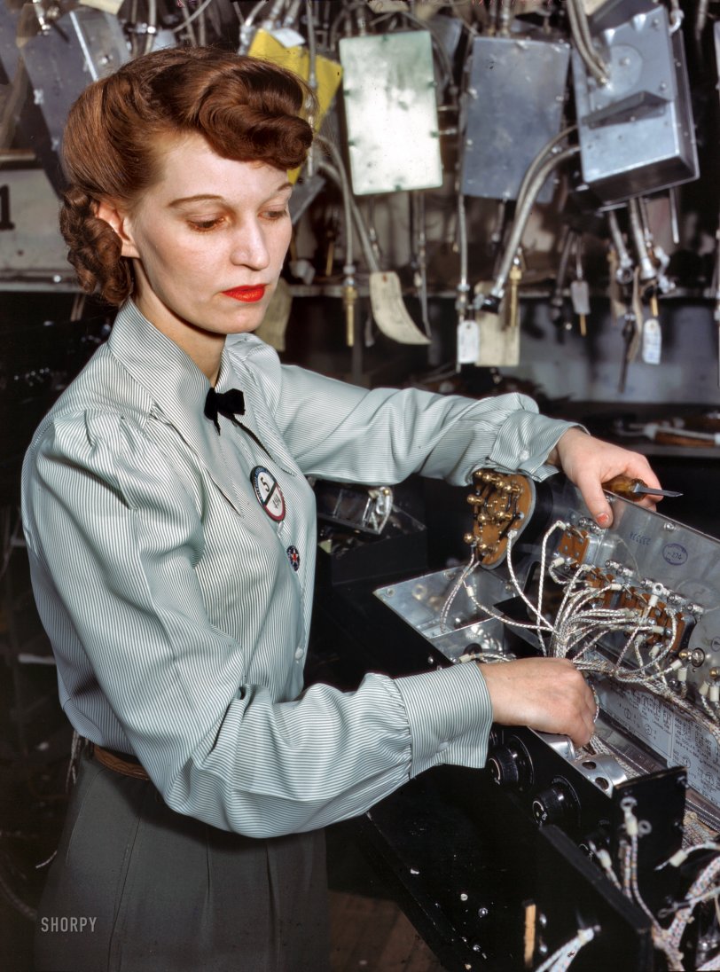 Condition Red: 1941 December 1941. "Electronics technician, Goodyear Aircraft Corp., Akron, Ohio." 4x5 Kodachrome transparency by Alfred Palmer, OWI. View full size.