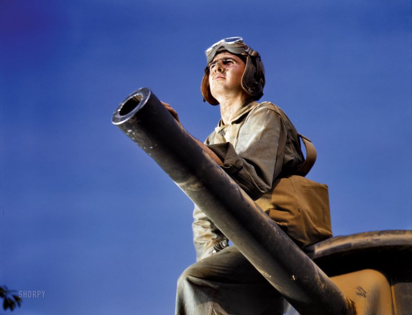 Top Gun: 1942 June 1942. "Crewman of an M-3 tank, Fort Knox, Kentucky." Or could it be Fort Dix? Kodachrome transparency by Alfred Palmer for the OWI. View full size.