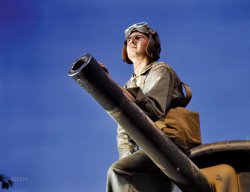June 1942. "Crewman of an M-3 tank, Fort Knox, Kentucky." Or could it be Fort Dix? Kodachrome transparency by Alfred Palmer for the OWI. View full size.