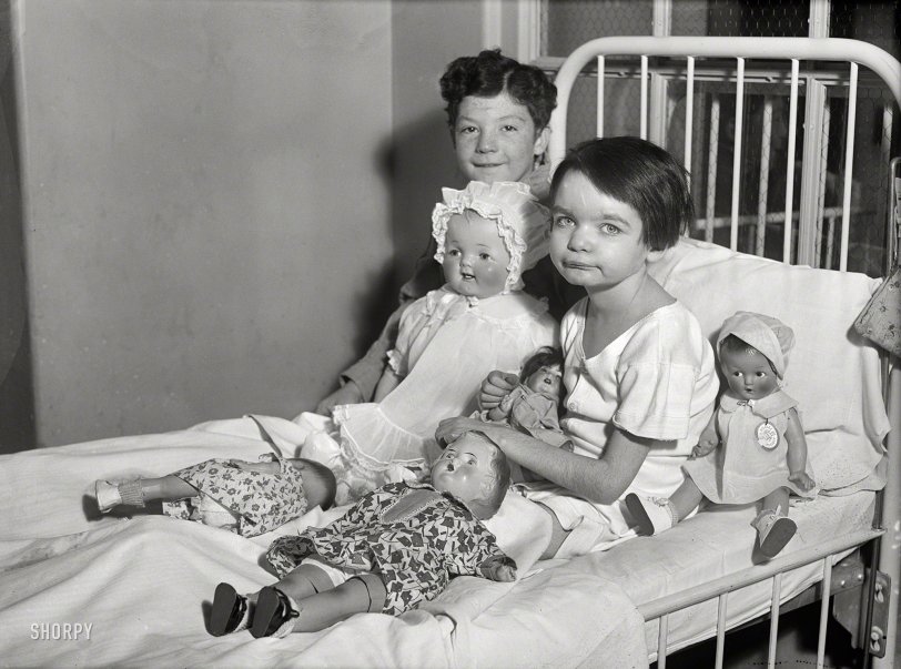 Doll Bed: 1931 Washington, D.C., 1931. "Children in hospital bed with dolls." Retroactive wishes for a speedy recovery, kids. Harris & Ewing glass negative. View full size.