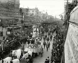 Feb. 27, 1900. "Mardi Gras procession on Canal Street, New Orleans." 8x10 inch dry plate glass negative, Detroit Publishing Company. View full size.