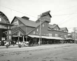 New York circa 1901. "The Great Coal Mine, Coney Island."  From the book Coney Island and Astroland: "The Great Coal Mine was a 1,500-foot-long dark ride that enabled visitors to travel on coal cars through several levels of a dimly lit simulated mine. It opened in 1901 on the north side of Surf Avenue at West Tenth Street, was not very popular, and was soon replaced by L.A. Thompson's Oriental Scenic Railway." 8x10 glass negative, Detroit Publishing Co. View full size.