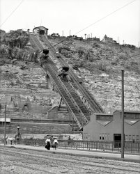 Pittsburgh circa 1905. "Monongahela Incline up Mount Washington." A funicular railway that ran until 1935. The freight incline is on the left. 8x10 inch dry plate glass negative, Detroit Publishing Company. View full size.