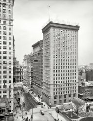 Philadelphia circa 1905. "North American, Real Estate Trust, City Hall and Land Title Building." Over the years the North American building has lost its cornice but acquired a ruddy-looking suntan. 8x10 glass negative. View full size.