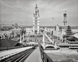 New York circa 1905. "Dreamland Park, Coney Island." Theme park attractions vying for our attention include the Shoot-the-Chutes water flume and various stunt spectaculars, cycloramas, rides and exhibits: Fighting the Flames, Fall of Pompeii, Marine Boat, Canals of Venice, the Air Ship and a pagoda-like tea house called Revels of Japan. Where to begin? 8x10 glass negative. View full size.