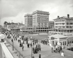 The Jersey Shore circa 1907. "Hotel Chalfonte and Boardwalk, Atlantic City." The 10-story Chalfonte was A.C.'s first "skyscraper" resort. View full size.