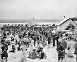 Circa 1908. "Atlantic City, N.J. -- the bathing hour." Nattily attired in a variety of suits. 8x10 inch glass negative, Detroit Publishing Co. View full size.