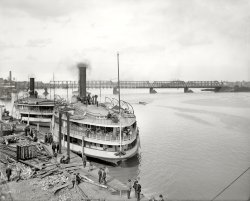 Toledo, Ohio, circa 1910. Sidewheeler Frank E. Kirby at steamer landing." 8x10 inch dry plate glass negative, Detroit Publishing Company. View full size.