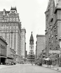 Philadelphia circa 1909. "Broad Street north from Walnut." With City Hall, William Penn and two young friends center stage. 8x10 inch glass negative, Detroit Publishing Co. View full size.