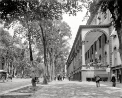 Saratoga Springs, New York, circa 1908. "Congress Hall and Broadway." 8x10 inch dry plate glass negative, Detroit Publishing Company. View full size.