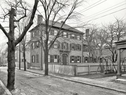 Salem, Massachusetts, circa 1910. "Nathaniel Hawthorne house." Abode of the author of 19th-century blockbusters The Scarlet Letter and House of the Seven Gables, last seen here. Note the glass insulators in the tree being used as a utility pole. 8x10 inch glass negative, Detroit Publishing Company. View full size.