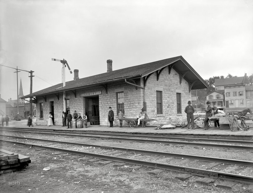 Lemont Depot: 1902 Lemont, Illinois, circa 1902. "Station of the Chicago & Alton R.R. Taken from Canal Street." 8x10 glass negative, Detroit Publishing Co. View full size.