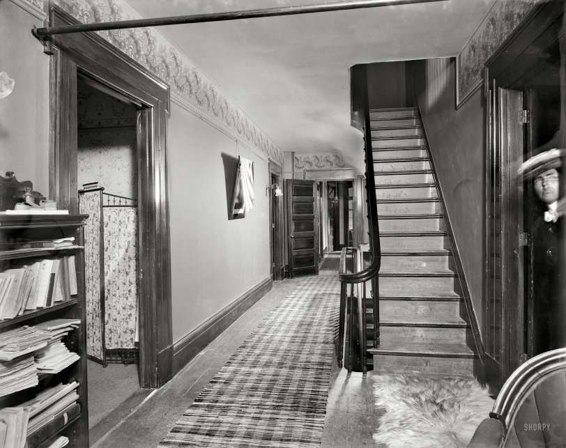 Peeking Woman: 1901 New Baltimore, Michigan, circa 1901. "The Firs -- upper hall." Our second look inside the Hatheway residence. Note the cloud of flash powder emanating from behind the stairs. 8x10 glass negative, Detroit Publishing Co. View full size.