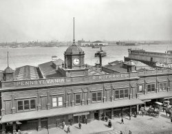 Philadelphia circa 1908. "Pennsylvania R.R. ferry terminal, Market Street." Across the Delaware River we can see the Campbell's Soup factory in Camden. 8x10 inch dry plate glass negative, Detroit Publishing Company. View full size.