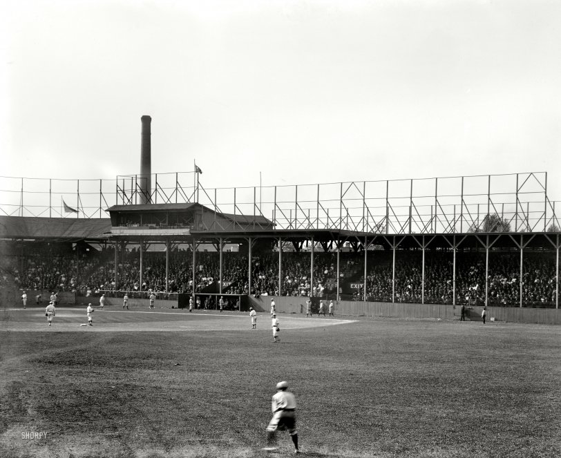The Old Ball Game: 1908 Cleveland, Ohio, circa 1908. "Ball grounds, League Park." 8x10 inch dry plate glass negative, Detroit Publishing Company. View full size.