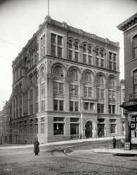 Richmond, Virginia, circa 1906. "Chamber of Commerce building." Points of interest in this time exposure include a Christian Science reading room, a constable with not much to do, and the usual complement of ghost pedestrians. 8x10 inch dry plate glass negative, Detroit Publishing Company. View full size.