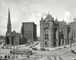 Buffalo, New York, circa 1908. "Shelton Square -- St. Paul's Episcopal Cathedral, Prudential Building, Erie County Savings Bank." 8x10 inch dry plate glass negative, Detroit Publishing Company. View full size.
