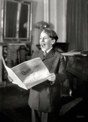 &nbsp; &nbsp; &nbsp; "Robert Murray, boy soprano with a voice reaching to the D which falls on the sixth ledger line above the treble clef, said to be the highest voice on record, has been astonishing New York City. His imitations of bird calls at a concert given at the Hippodrome are said to have been remarkable." -- The Etude, January 1922

November 1920. New York. "Murray singing 'Queen of Night'." Robert Murray, "phenomenal boy soprano" from Tacoma, Washington. 5x7 glass negative, George Grantham Bain Collection. View full size.