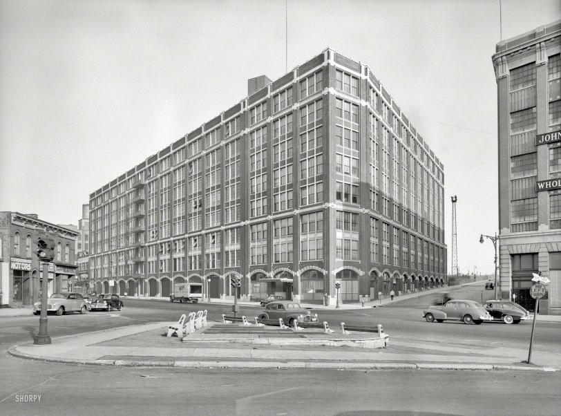 No Left Turn: 1948 April 20, 1948. "E.R. Squibb & Son, Northern Boulevard, Long Island City, New York. Harold Burson, client." Note the abundance of antique traffic signals and signage. Large-format acetate negative by Gottscho-Schleisner. View full size.