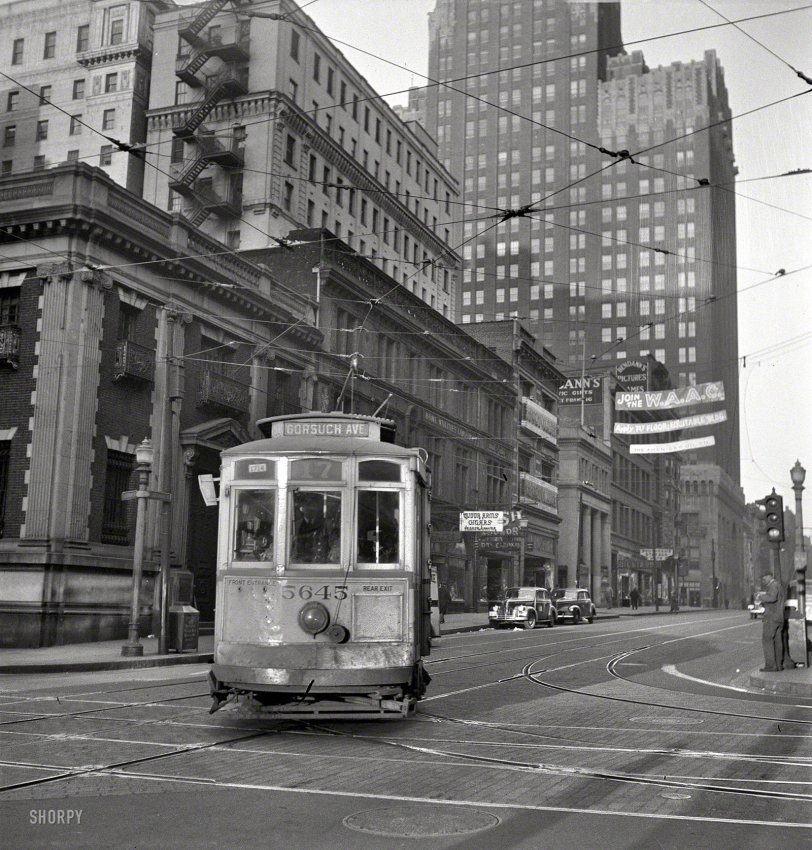 Second Life: 1943 April 1943. Baltimore, Md. "Trolley of 1917 vintage. Many old cars have been reconditioned because of wartime transportation pressure." Medium format negative by Marjory Collins for the Office of War Information. View full size.